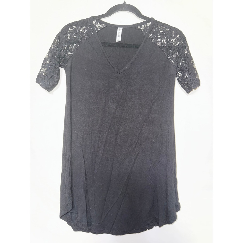 ZENANA SIGNATURE Black‎ Lace Sleeve V Neck Tunic Top Shirt Womens Size S